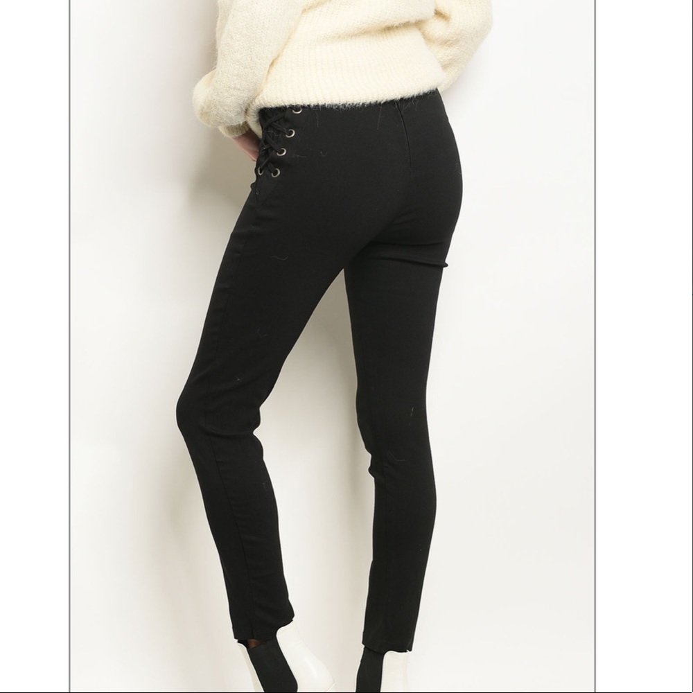 Black Lace Up Side Zip Back Pants - Picture 4 of 6